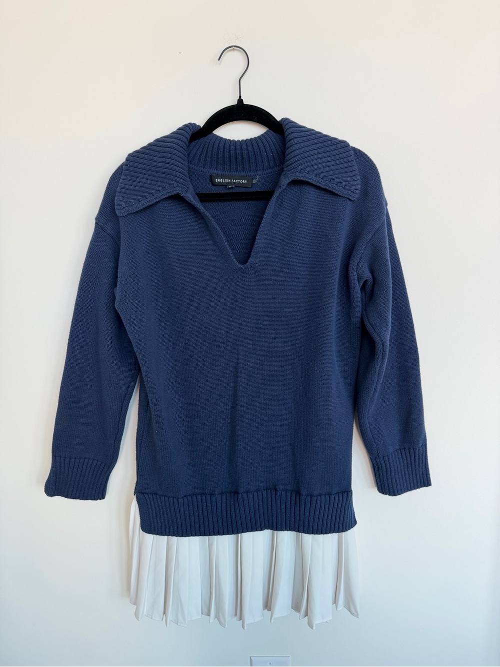English Factory Navy V-Neck Collared Sweater Dress with Cream Pleated Hem